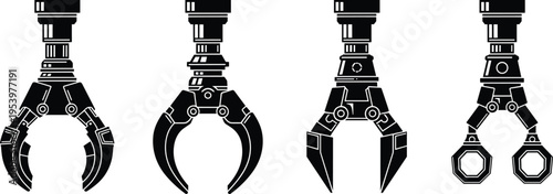 Robotic gripper and industrial robot claw silhouette set featuring automated mechanical arms isolated on white background, modern robotics engineering vector illustration collection