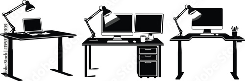 Modern Minimalist Office Desk Silhouette Set Featuring Adjustable Standing Desks With Laptop Dual Monitor Setup Table Lamp Cup And Drawer Units