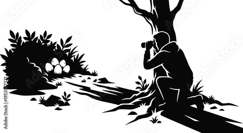 Observer watching magic eggs in a dark forest vector illustration
