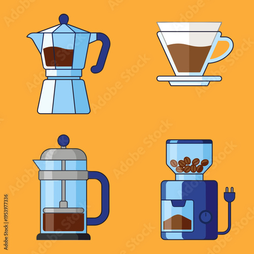 Four Coffee Preparation Tools: Moka Pot, Pour Over Dripper, French Press, Electric Grinder Isolated on Orange Background for Cafe Beverage Barista Brewing Design