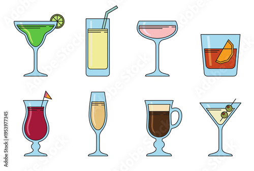 Eight Cocktail and Drink Glasses: Margarita, Highball, Coupe, Old Fashioned, Hurricane, Champagne Flute, Irish Coffee, Martini Isolated on White Background