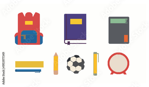 Colorful cartoon school supplies vector set with backpack book calculator ruler pencil soccer ball and clock isolated on white