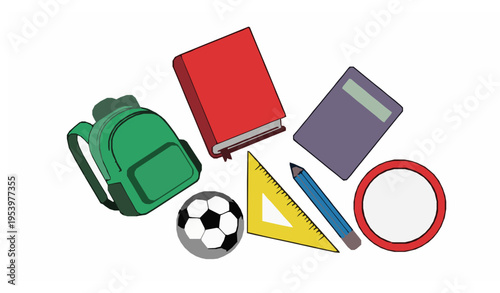 Flat vector school supplies set with backpack book calculator ruler pencil soccer ball and clock isolated on white
