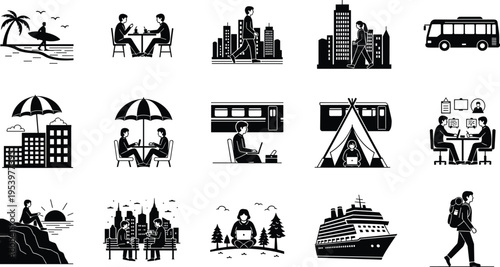 Outdoor Camping Adventure Silhouette Set Featuring People Hiking Fishing Cooking Over Campfire Relaxing in Chairs and Setting Up Tents Under Night Stars