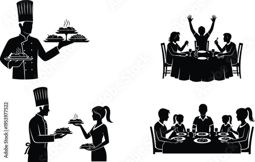 Professional chef silhouette serving gourmet meals to happy families and friends enjoying dinner at restaurant table for culinary hospitality services concepts.
