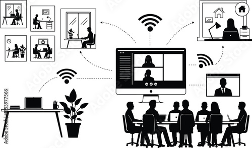 Remote Work and Hybrid Meeting Concept with Professional Business Teams Connecting Through Video Conferencing Technology From Home Offices and Corporate Boardroom