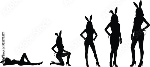 Sexy bunny girl silhouette collection with different poses wearing high heels and rabbit ears, playful female costume characters isolated for party, nightlife and entertainment design