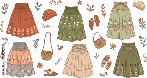 Boho style skirt collection vector illustration with floral patterns earthy tones accessories and casual fashion outfit elements for modern women clothing design