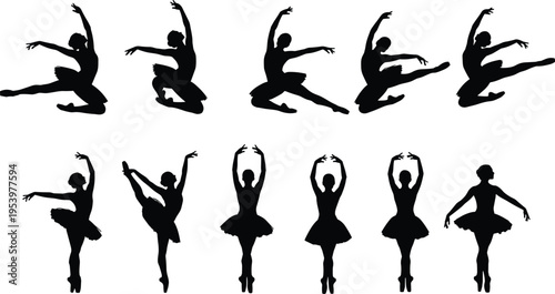 Ballet dancer silhouettes collection performing graceful poses and jumps isolated on white background, classical dance art, elegance, movement, training, performance, black figure set