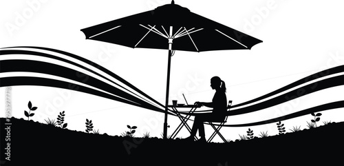 Remote Work Silhouette Concept Featuring Woman Working On Laptop At Outdoor Cafe Table Under Large Umbrella With Abstract Landscape Background Illustration