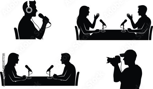 Podcast and Media Production Silhouette Set Featuring Interview Host Guest Speakers Radio Broadcasting Voice Recording Photography And Content Creation Studio Illustration
