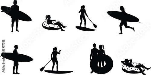 Surfing and beach activity silhouettes with surfers carrying surfboards, paddle boarding and people relaxing on inflatable tubes, summer vacation lifestyle vector collection