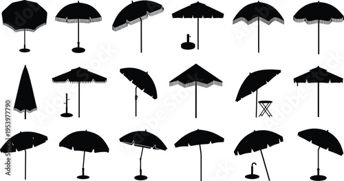 Beach umbrella silhouettes collection with various parasol designs isolated on white background, summer vacation concept, outdoor shade equipment, tropical resort accessories, black icon set
