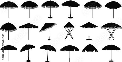 Beach umbrella silhouettes collection with various parasol styles isolated on white background, summer vacation concept, outdoor shade equipment, tropical resort accessories, black icon set