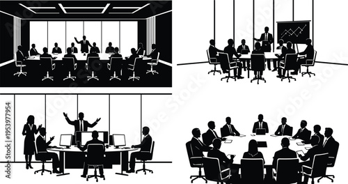 Set of professional business meeting silhouettes showing corporate teams in boardroom discussions conference presentations and office workplace collaboration for success and growth
