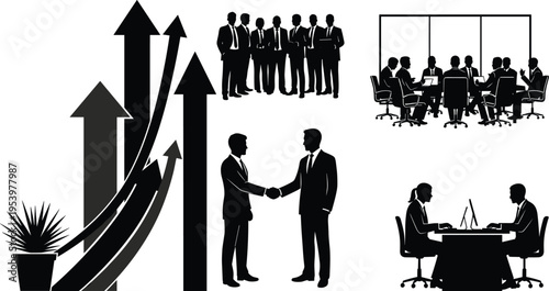 Set of professional business silhouettes showing people working at desks attending meetings shaking hands and using computers for corporate growth and success