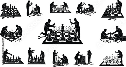Silhouettes of construction workers and mechanics using industrial tools to repair and build giant chess pieces on game boards for strategy concepts.