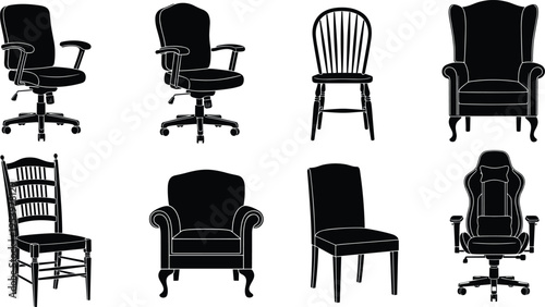 Chair silhouettes collection featuring office chairs, armchairs, and dining seats isolated on white background, furniture set, interior design elements, seating icons, black illustration