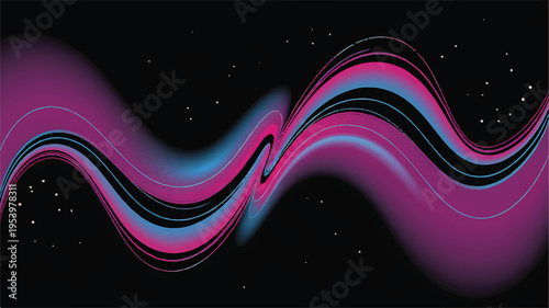 A digital abstract background featuring wave patterns with vibrant pink, blue, and black hues against a dark backdrop.