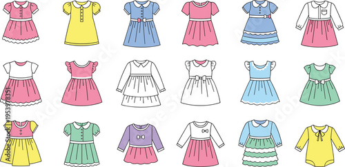 Cute girls dress collection vector illustration with colorful casual and formal styles kids clothing set with different designs and patterns