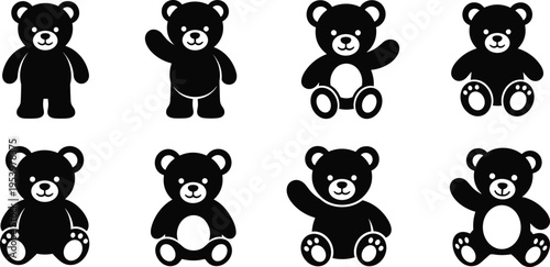 Cute teddy bear silhouettes collection with different poses isolated on white background, children toy concept, cartoon style, nursery design elements, black icon set