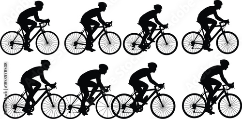 Cyclist silhouettes collection showing road bike riders in motion isolated on white background, cycling sport concept, fitness training, competition race, black figure set