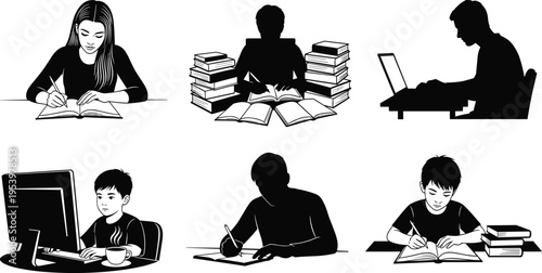 Student and professional silhouettes studying at desk writing in notebooks reading books and using computers for education learning and academic research collection