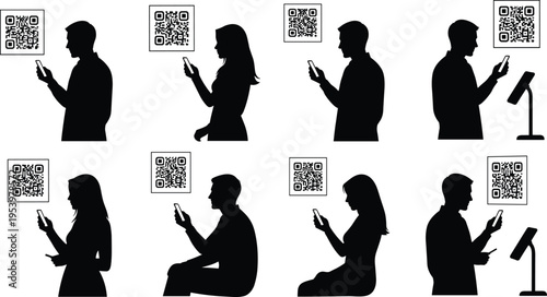 Silhouettes of various people using smartphones to scan QR codes for digital payments, mobile access, and contactless information services in modern urban settings.