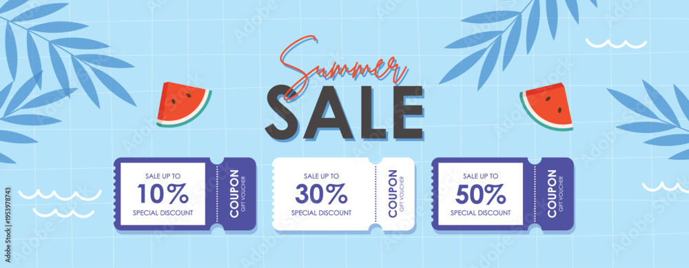 Obraz premium Summer Special Discount Coupon with Tropical Fruits and Leaves, Season summer Sale coupon. Sale flat template Tickets. For sale coupon. Minimalist pink coupon.