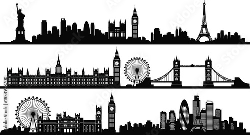 Detailed London and Paris skyline silhouettes featuring iconic landmarks isolated on white background, urban cityscape collection, travel tourism concept, architectural skyline illustration set