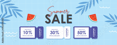 Summer Special Discount Coupon with Tropical Fruits and Leaves, Season summer Sale coupon. Sale flat template Tickets. For sale coupon. Minimalist pink coupon.