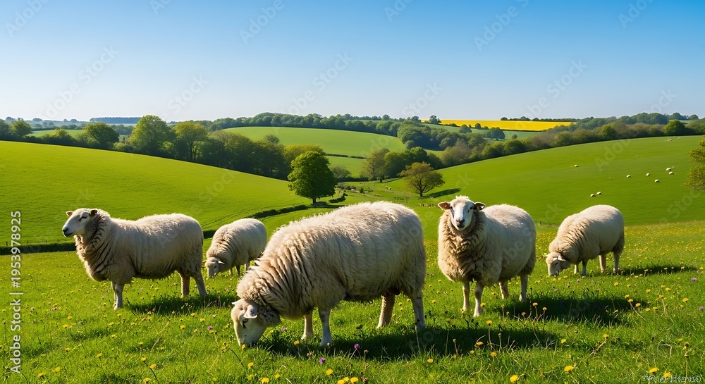 Fototapeta premium Group of sheep grazing on lush green pasture under a bright blue sky