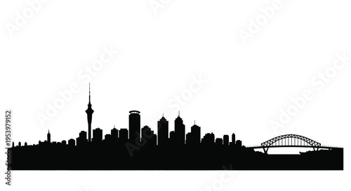 Sydney skyline featuring the harbour bridge in dark silhouette