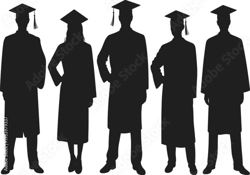 Group of students graduation silhouette vector with academic gowns, caps and mortarboards on white background
