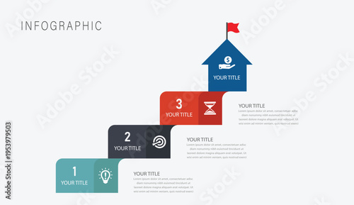 3-Step Business success infographic with staircase steps leading to goal flag achievement concept
Modern growth infographic template with step by step progress and target goal visualization