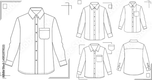 Men shirt technical drawing set with front and back views pocket collar and sleeve details fashion flat sketch vector for clothing design