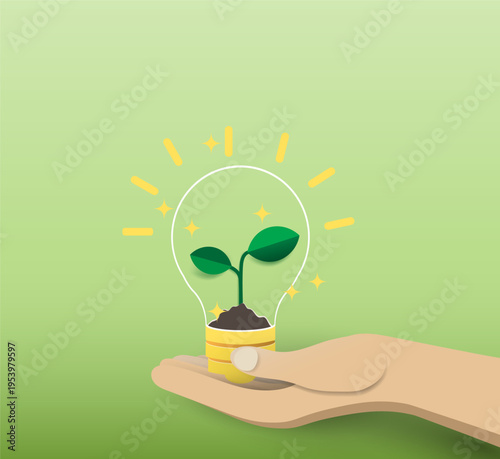 Green Idea Light Bulb with Plant in Hand Paper Art Concept of Sustainability and Eco Innovation