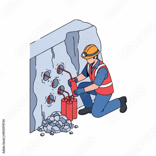 Illustration of a construction worker using explosives to break a large rock