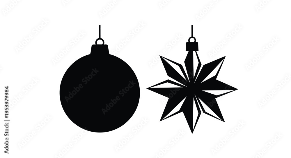 Fototapeta premium Two black christmas ornaments displayed against a white background silhouette