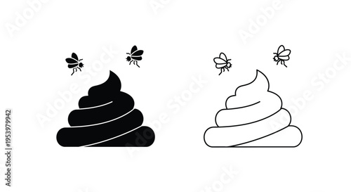 Two depictions of animal waste with flying insects a stark silhouette