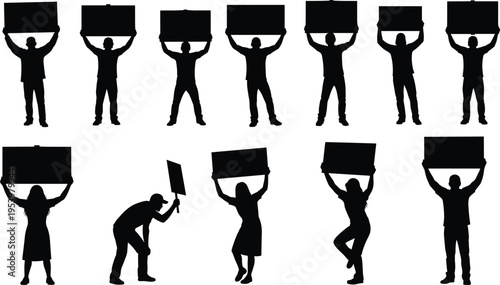 Silhouettes of diverse people holding blank protest signs isolated on white background, demonstration concept, activism, social movement, anonymous crowd with placards, copy space