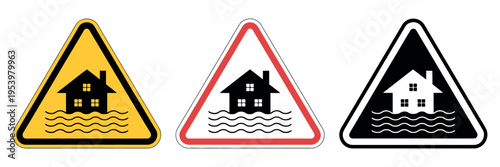 Flood Disaster Signs Collection Featuring Flat Silhouette Icons Illustrating Flood Warnings Emergency Response Water Hazards Vector Illustration
