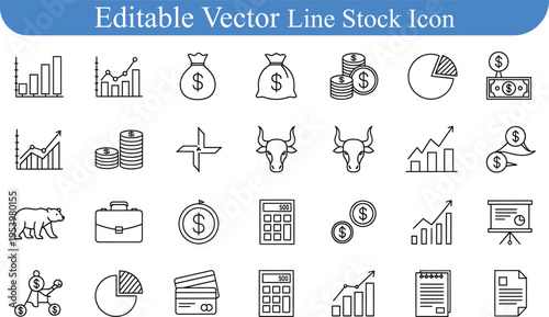 Finance and business icons: money bag, calculator, graphs