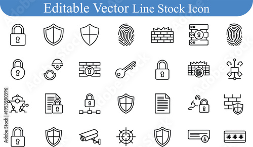 Cyber security icons vector set with line art