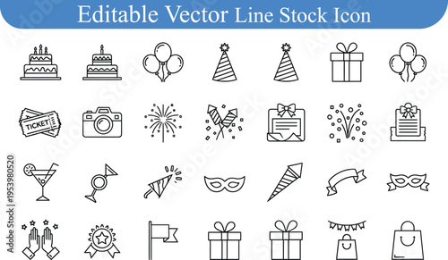 Celebration icons vector set with line art
