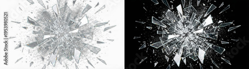 Glass shatter explosion with transparent background, realistic 3D broken window fragments burst outward, sharp crystal shards impact effect, isolated PNG overlay, cutout destruction element for design