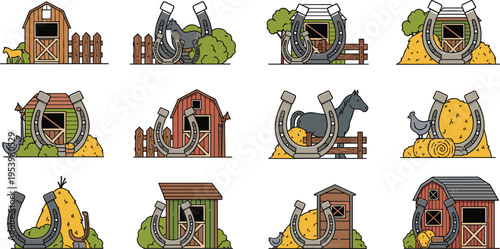 Farm Barn and Horseshoe Collection with Rustic Stables, Hay, Fences, and Countryside Elements for Agriculture Illustration