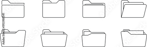 Minimal Line Folder Icons Set – File Organization, Document Storage, Office UI Symbols, Clean Outline Vector Collection