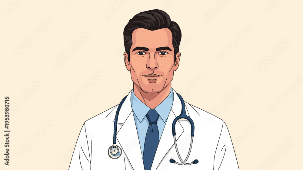 Fototapeta premium Professional male doctor wearing a white lab coat, blue shirt, tie, and a stethoscope around his neck, looking at the camera.