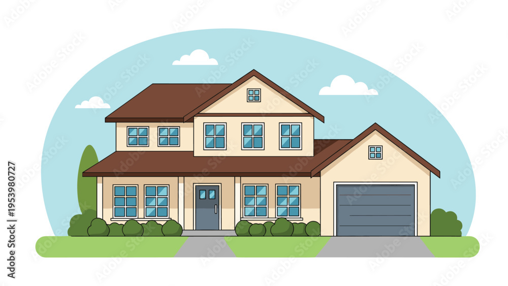 Fototapeta premium Beautiful two-story suburban residential house with a brown roof, multiple windows, and a grey garage door on a green lawn.